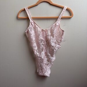 VINTAGE Victorias Secret Pink Lace Thing Gold Crown Label Lace Teddy Size M